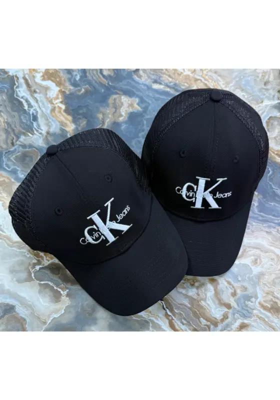 Calvin Klein Jeans black monogram embroidered trucker cap
